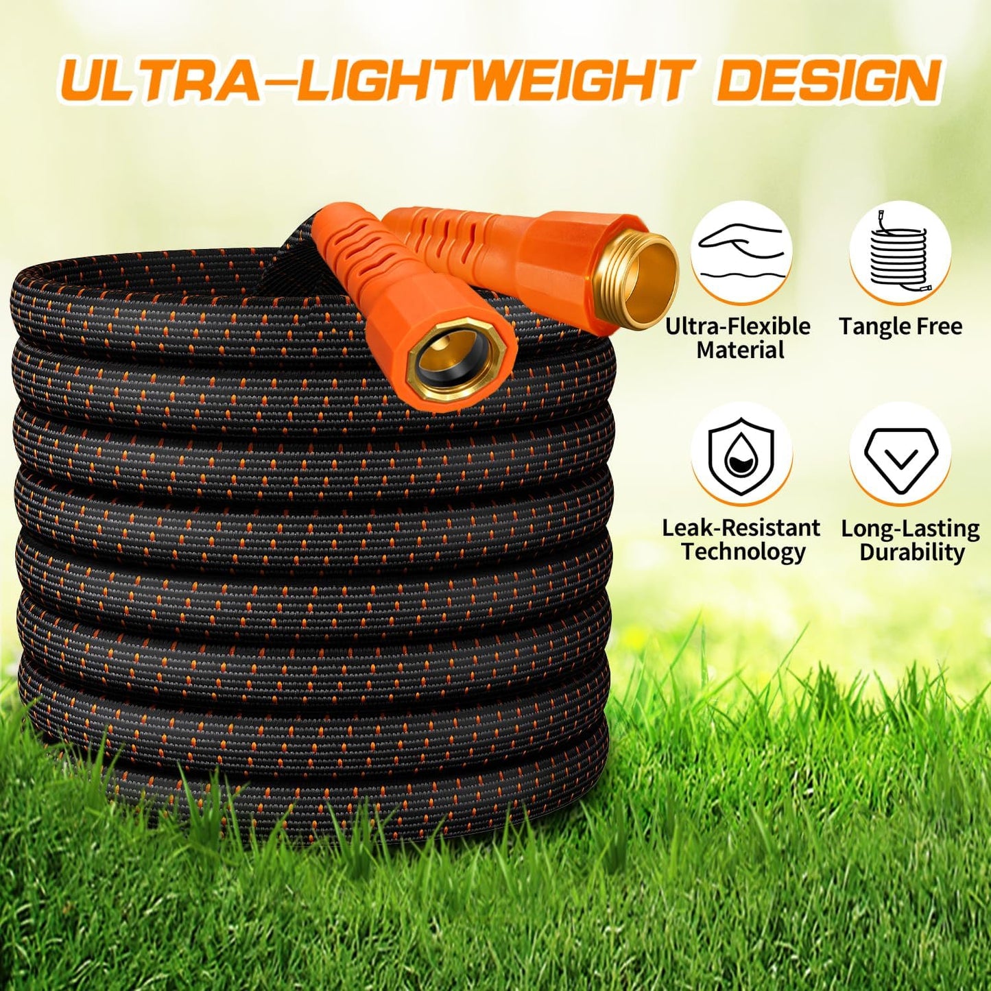 50FT Flexible Garden Hose & 10Modes Nozzle,None Expanding Lightweight Water Hose,Kink-Free,All-Weather 3/4 in. Hose for RV,Boat,Car Wash,Garden,Yard,Camper,Outdoor (Orange-Black, 50 Feet)