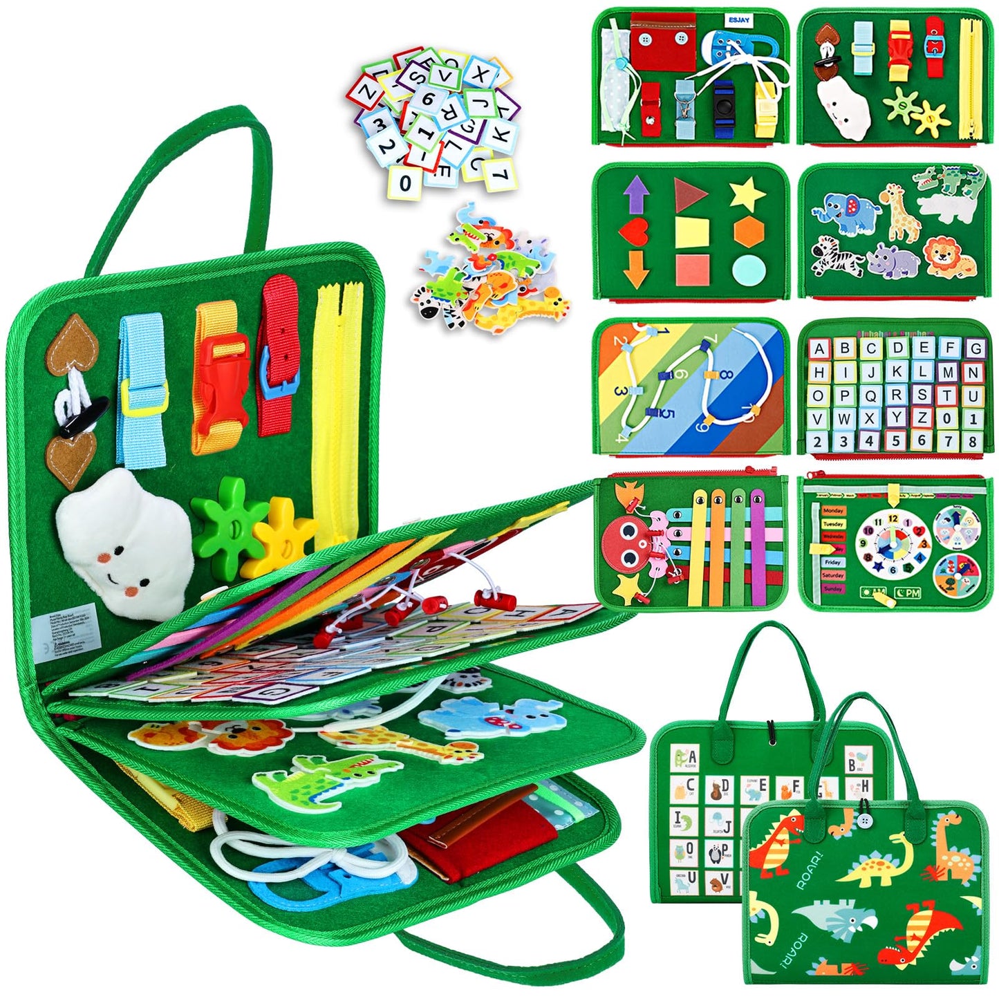 Esjay Toddler Busy Board Montessori Toys for Boys, Sensory Book Educational Activities for Learning Fine Motor Skills, Birthday Gifts for Boys Toddlers, Travel Toys for Airplane Car, Blue Dinosaur