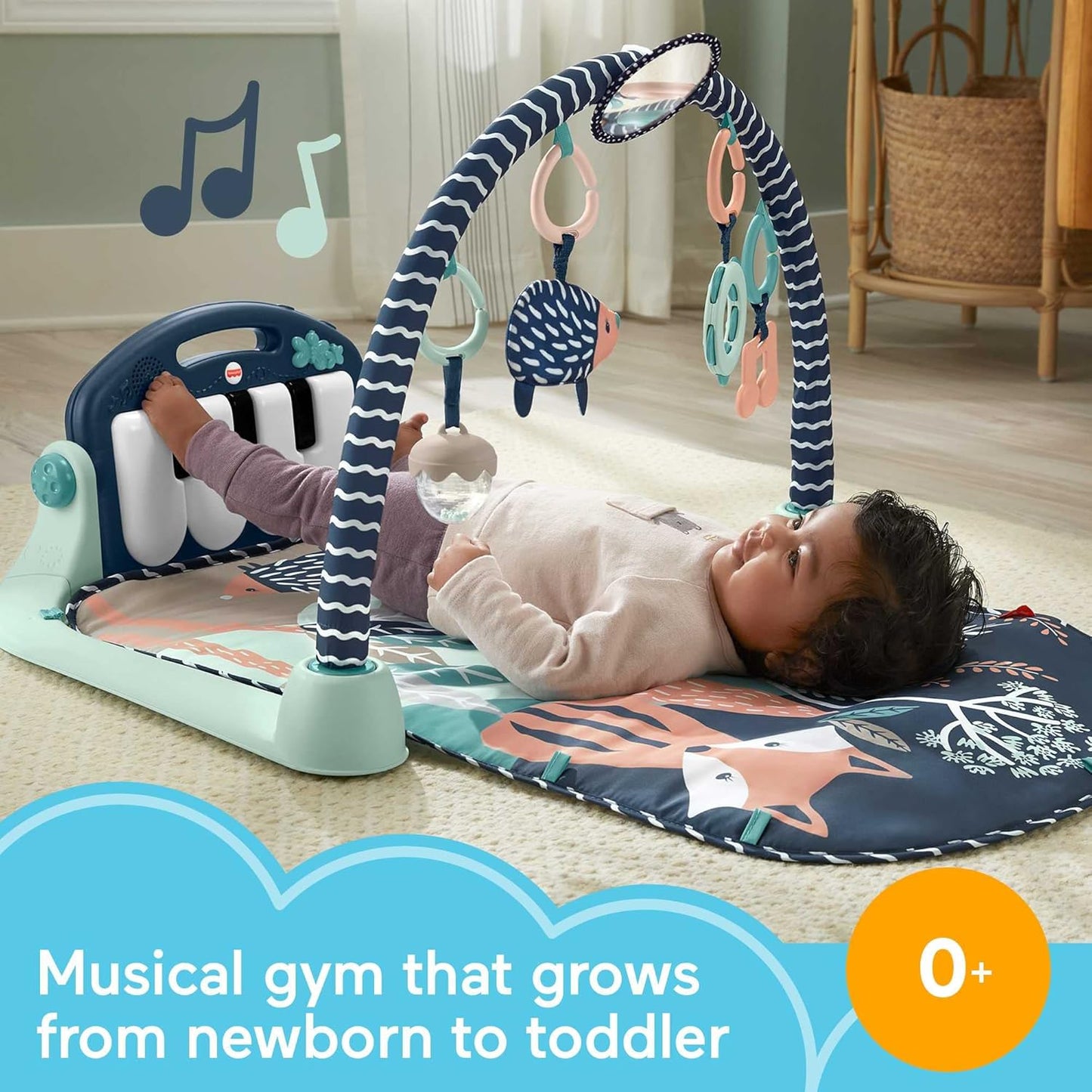 Fisher-Price Baby-Spielmatte „Glow and Grow Kick & Play Piano Gym“, blaues musikalisches Lernspielzeug mit Entwicklungsaktivitäten für Neugeborene ab 0 Monaten