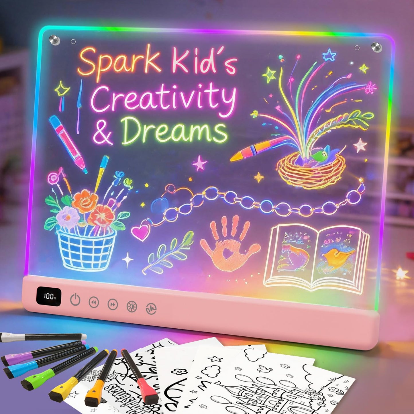 Led Drawing Board with 13 Light Effects, 16" Rechargeable Glow Doodle LED Note Board with Colors, Neon Light Up Drawing Tablet Gifts for Kids for Easter Birthday Christmas Gift Ideas
