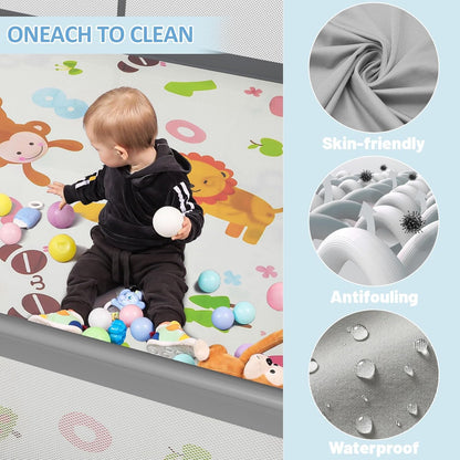 Palopalo Baby Laufgitter, 180x150cm Extra Großer Laufstall für Babys und Kleinkinder, Baby-Aktivitätszentrum mit 8 Saugnapfbasen, Baby-Laufstall mit Tür und weichem, atmungsaktivem Netz, Ohne Matte