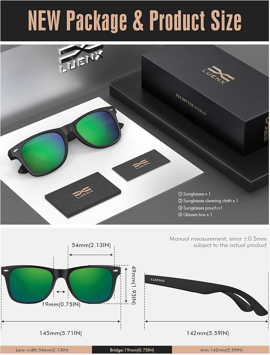 LUENX Polarisierte Sonnenbrillen für Herren und Damen, quadratische Fassung – UV-400-Schutz, 54 mm