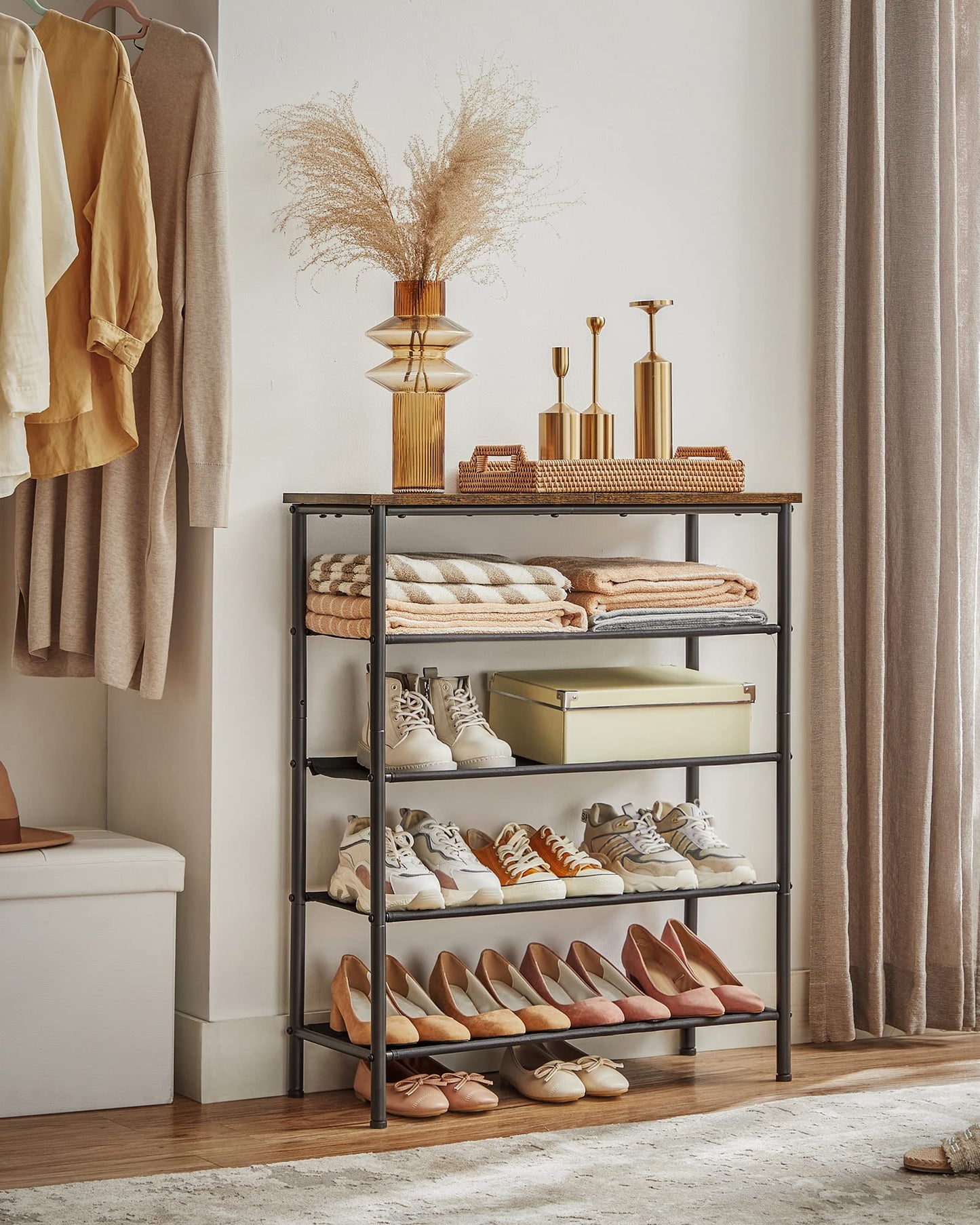 VASAGLE Shoe Rack, 4-Tier Shoe Storage Organizer for Entryway and Closet, Holds 9-12 Pairs of Shoes, 3 Fabric Shelves, Steel Frame, Industrial, Rustic Brown and Black ULBS035B01