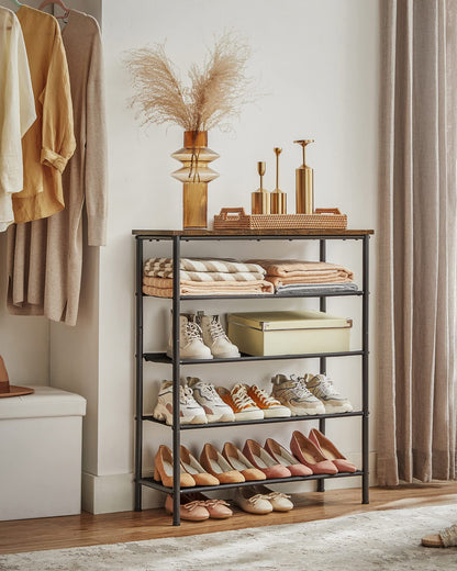 VASAGLE Shoe Rack, 4-Tier Shoe Storage Organizer for Entryway and Closet, Holds 9-12 Pairs of Shoes, 3 Fabric Shelves, Steel Frame, Industrial, Rustic Brown and Black ULBS035B01