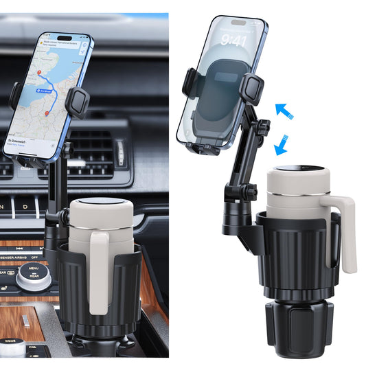 Cup Holder Phone Mount, 2 in 1 Universal Cup Holder Expander with Long Arm 360°Rotation Cup Phone Holder for Car Fits All 4-7” iPhone Galaxy Smartphones and Most Truck Bottles