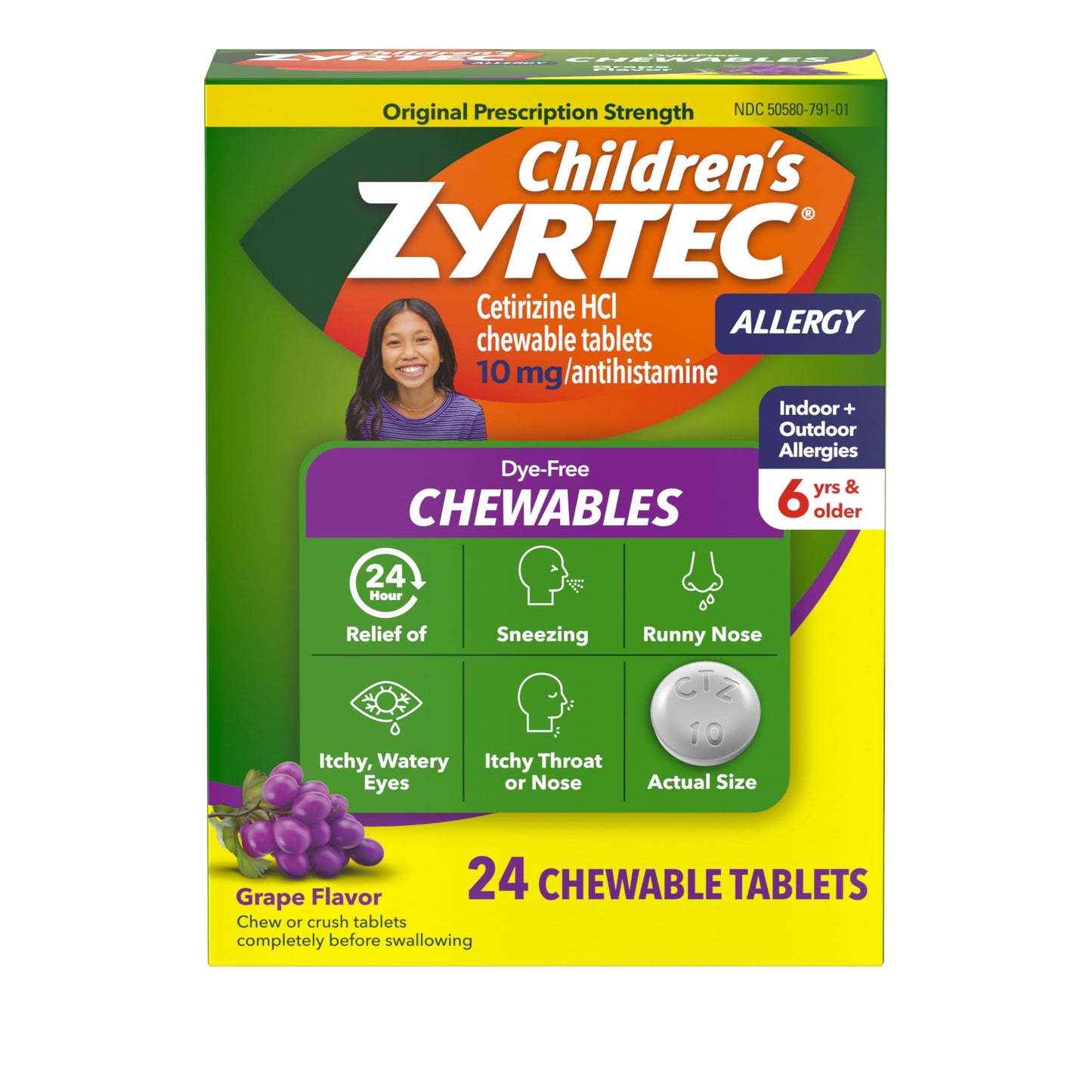 Zyrtec Children's Dye-Free Chewables for 24 Hour Allergy Relief, 10 mg Cetirizine Hydrochloride Antihistamine Tablets, Kids Allergy Medicine Relieves Sneezing & Itchy Throat, Grape, 48 ct(Pack of 2)
