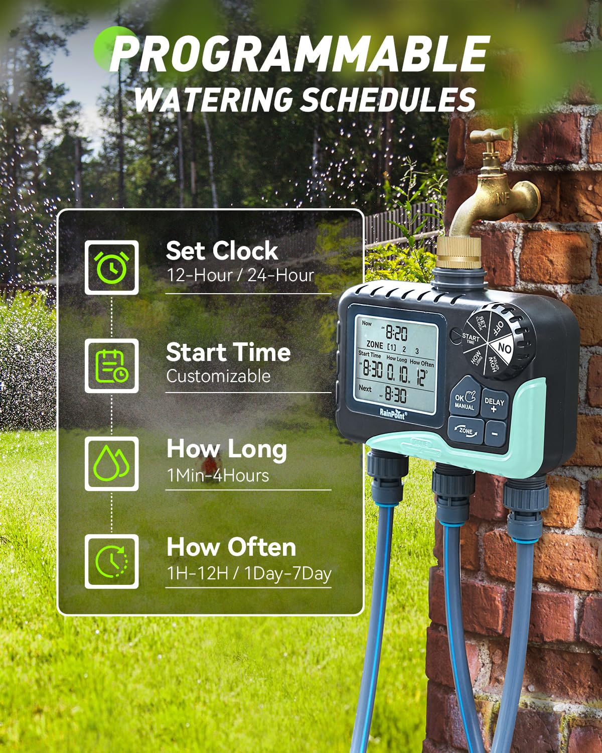 RAINPOINT 3 Zone Water Timer with Brass Inlet & Outlet, 3 Custom Watering Plans Sprinkler Timer, Featuring IP65 Waterproof,Rain Delay, Manual & Automatic Watering with Large LCD for Yard, 2026 Ver.