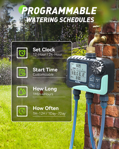 RAINPOINT 3 Zone Water Timer with Brass Inlet & Outlet, 3 Custom Watering Plans Sprinkler Timer, Featuring IP65 Waterproof,Rain Delay, Manual & Automatic Watering with Large LCD for Yard, 2026 Ver.