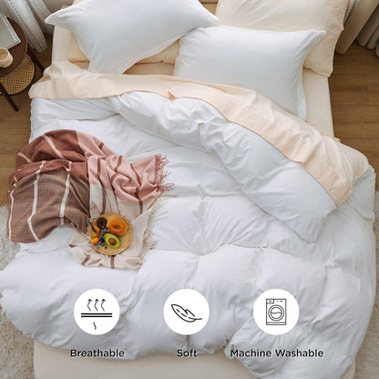 Funda nórdica blanca Bedsure, tamaño Queen, 3 piezas, aspecto de algodón prelavado, juego de cama extrasuave, incluye 1 funda nórdica de 228 x 228 cm con cierre de cremallera y 2 fundas de almohada, edredón no incluido