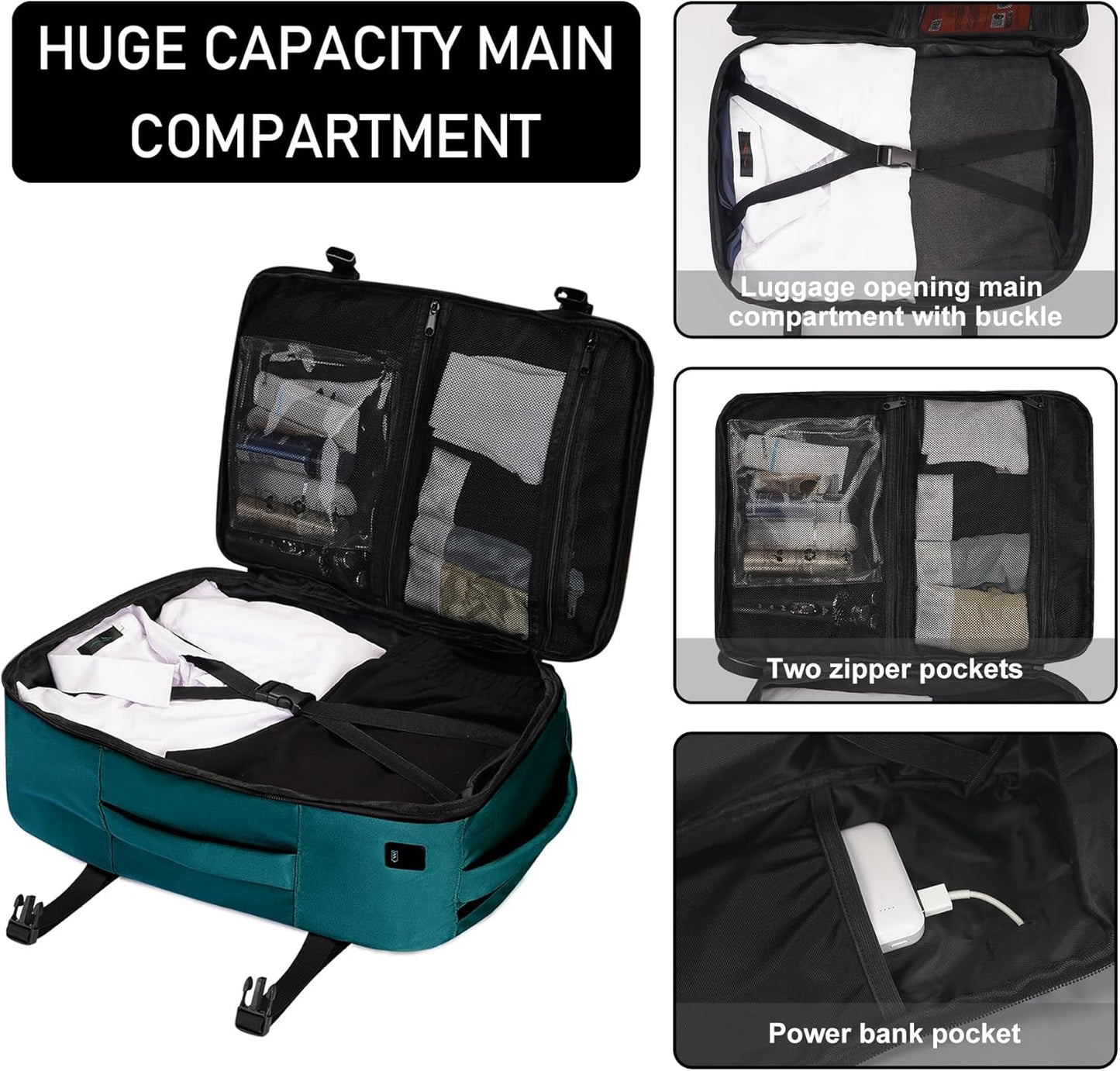ECOHUB 16'' Reise-Rucksack Handgepäck Unterseat-Rucksack Persönlicher Gegenstand Flugzeug-Reisetasche mit 13 Taschen Handgepäck Flaschenhalter USB-Ladeanschluss Casual Daypack für Frauen Männer Schwarz