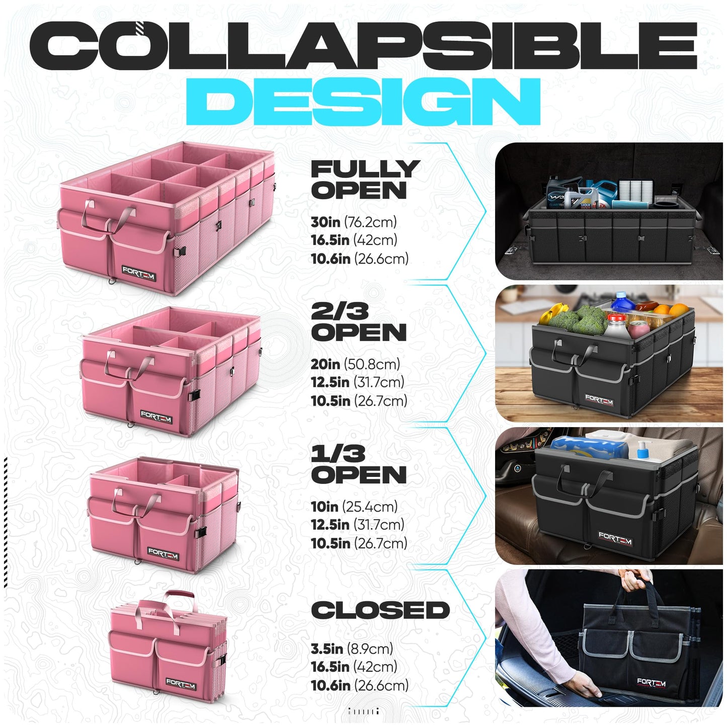 FORTEM Car Trunk Organizer, Collapsible Multi Compartment Car Organizer, Foldable SUV Storage for Car Accessories for Women Men, Non Slip Bottom, Securing Straps, Soft Cover 50L (Black, Standard)