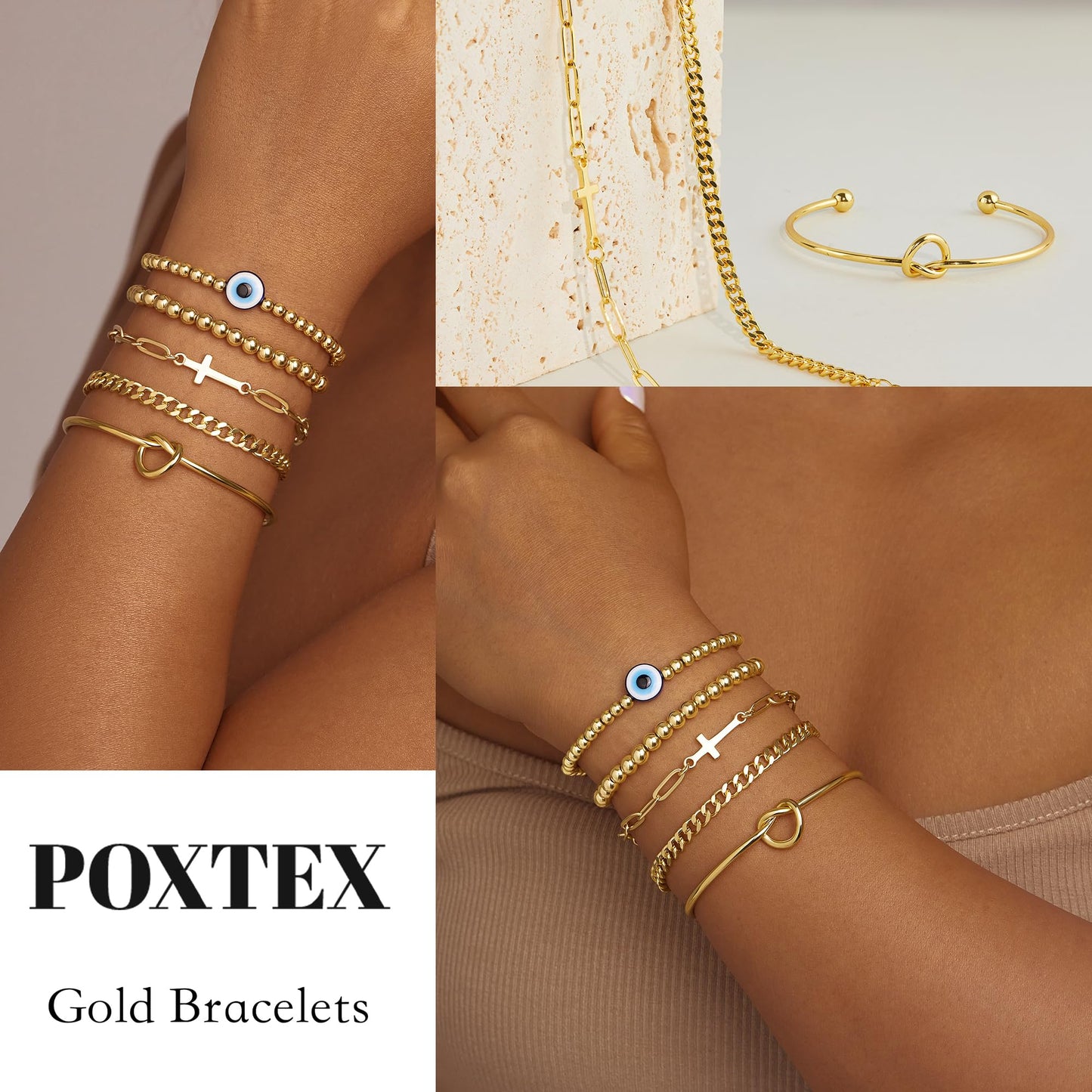 Goldarmbänder für Frauen Stapel Nicht Anlaufen, 14K Vergoldete Stapelbare Armbänder Set für Frauen Trendy, Wasserdicht Einfacher Schmuck Sets Geschenke Inklusive Perlen-/Kuban-/Büroklammer-/Fischgräten-/Seilglieder-Kette, Modeaccessoires