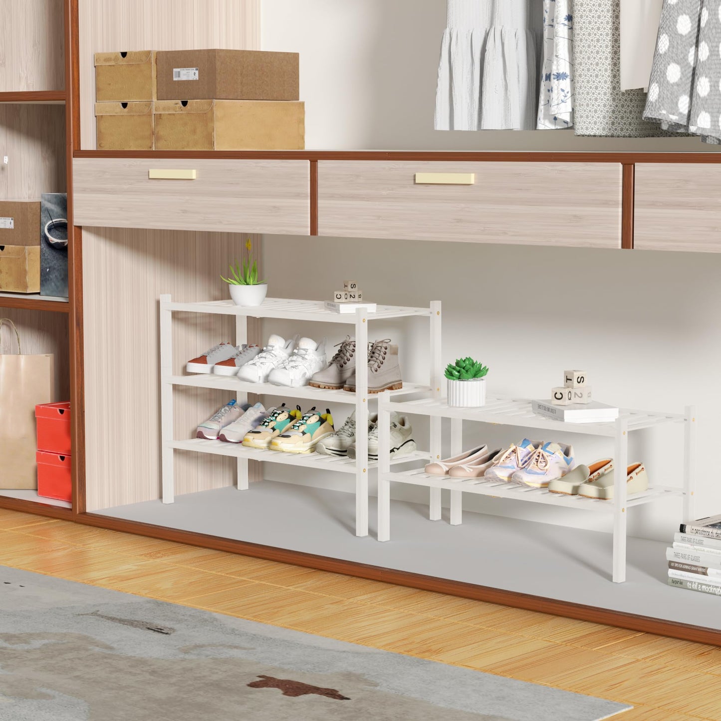 ROMGUAR CRAFT 3 Tier Bamboo Shoe Rack for Closet Free Standing Wood Shoe Shelf Storage Organizer for Entryway Small Space Stackable 27"x11"x20" (Natural)