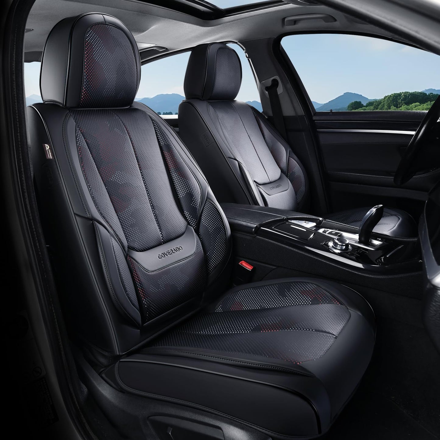 Coverado Car Seat Covers 5 Pieces, Full Set Universal Seat Covers for Cars, Waterproof Nappa Leather Auto Seat Protectors with Head Pillow, Car Interiors Fit for Most Sedans SUV Pick-up Truck, Black