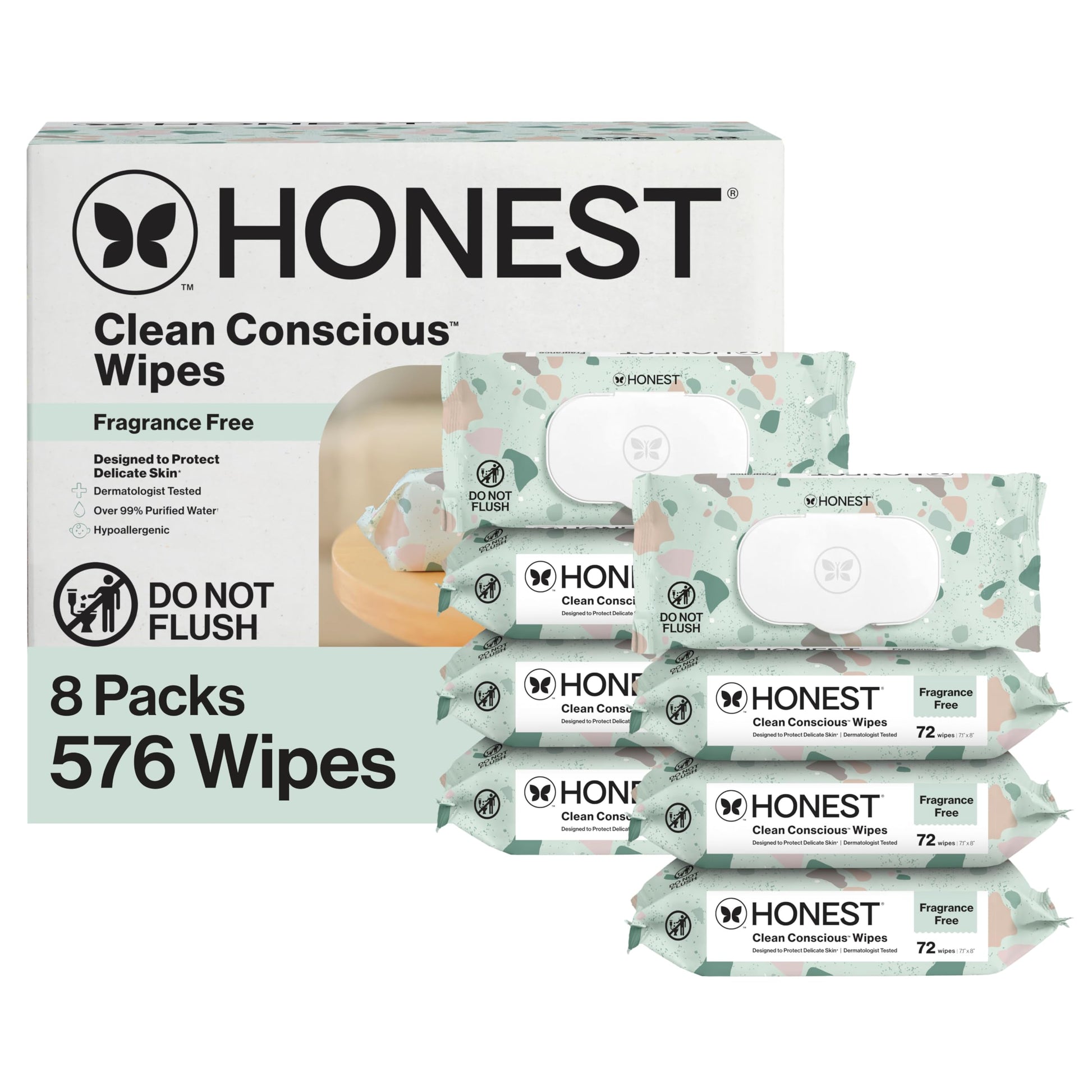 The Honest Company Clean Conscious Unscented Wipes | Over 99% Water, Compostable, Plant-Based, Baby Wipes | Hypoallergenic for Sensitive Skin, EWG Verified | Pattern Play, 576 Count