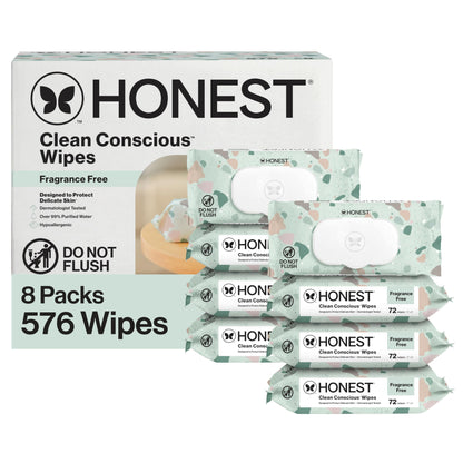 The Honest Company Clean Conscious Unscented Wipes | Over 99% Water, Compostable, Plant-Based, Baby Wipes | Hypoallergenic for Sensitive Skin, EWG Verified | Pattern Play, 576 Count