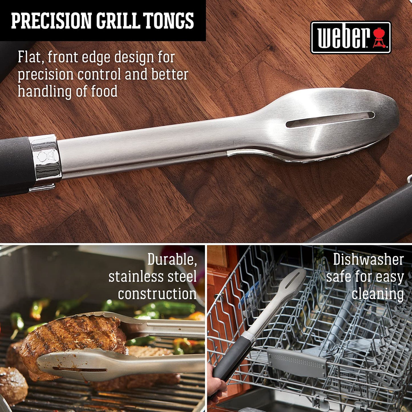 Weber Precision 3‑Piece Grilling Tool Set – Stainless Steel Tongs, Spatula & Silicone Basting Brush with Non‑Slip Handles and Hands‑Free Locking - Grill Accessory Kit