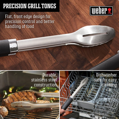Weber Precision 3‑Piece Grilling Tool Set – Stainless Steel Tongs, Spatula & Silicone Basting Brush with Non‑Slip Handles and Hands‑Free Locking - Grill Accessory Kit