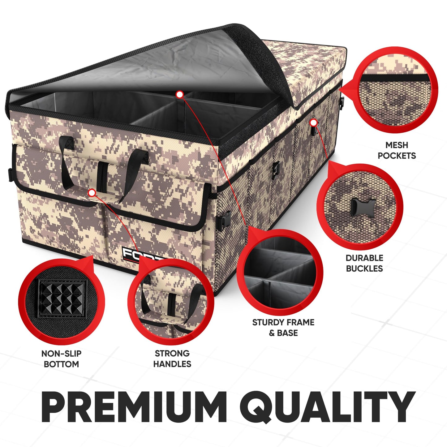 FORTEM Car Trunk Organizer, Collapsible Multi Compartment Car Organizer, Foldable SUV Storage for Car Accessories for Women Men, Non Slip Bottom, Securing Straps, Soft Cover 50L (Black, Standard)