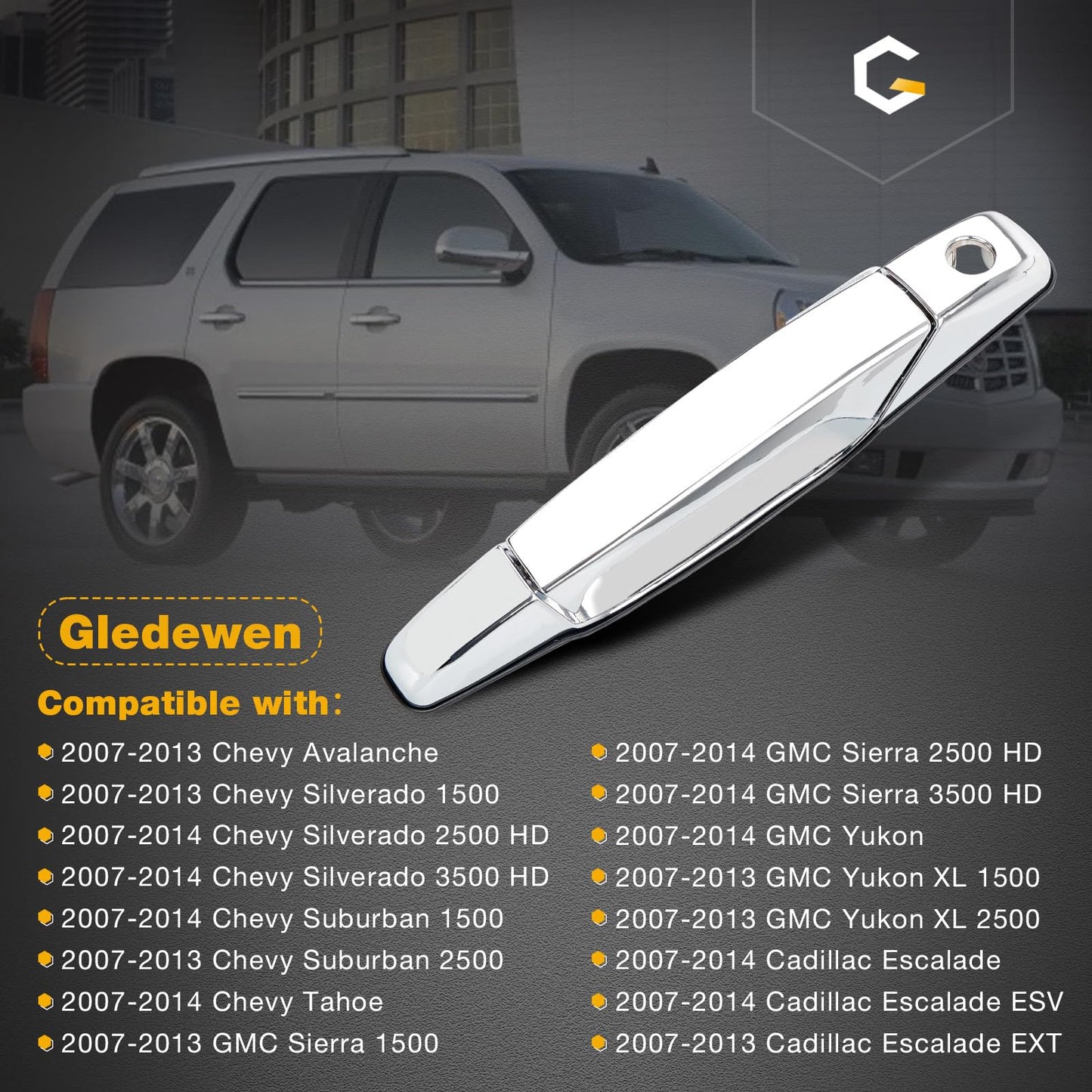 Außenliegender Chrom-Türgriff vorne links Fahrerseite | Ersatz für 2007-2013 Chevy Silverado Suburban Tahoe Avalanche GMC Sierra Yukon Cadillac Escalade | Ersetzt# 20828258, 22738721, 25960525