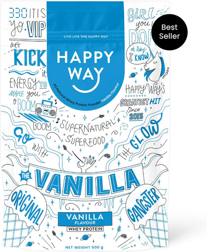 HAPPY WAY Vanilla Whey Protein Powder - 1kg | Smooth Vanilla Essence | Supports Toning & Muscle Recovery | Ideal for Shakes, Smoothies & Healthy Recipes