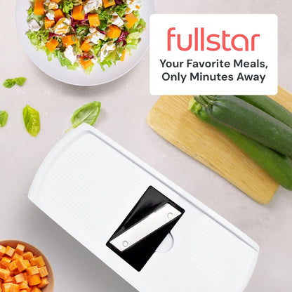 Fullstar Gemüsehacker und Mandolinenschneider - Julienne-Schneider, Würfelschneider, Reibe für Lebensmittel, Gemüse, Zwiebeln, Gurken, Tomaten, Salat, Kartoffeln, Käse - Küchenutensilien & Gadgets (Kompakt 6-in-1, Weiß)