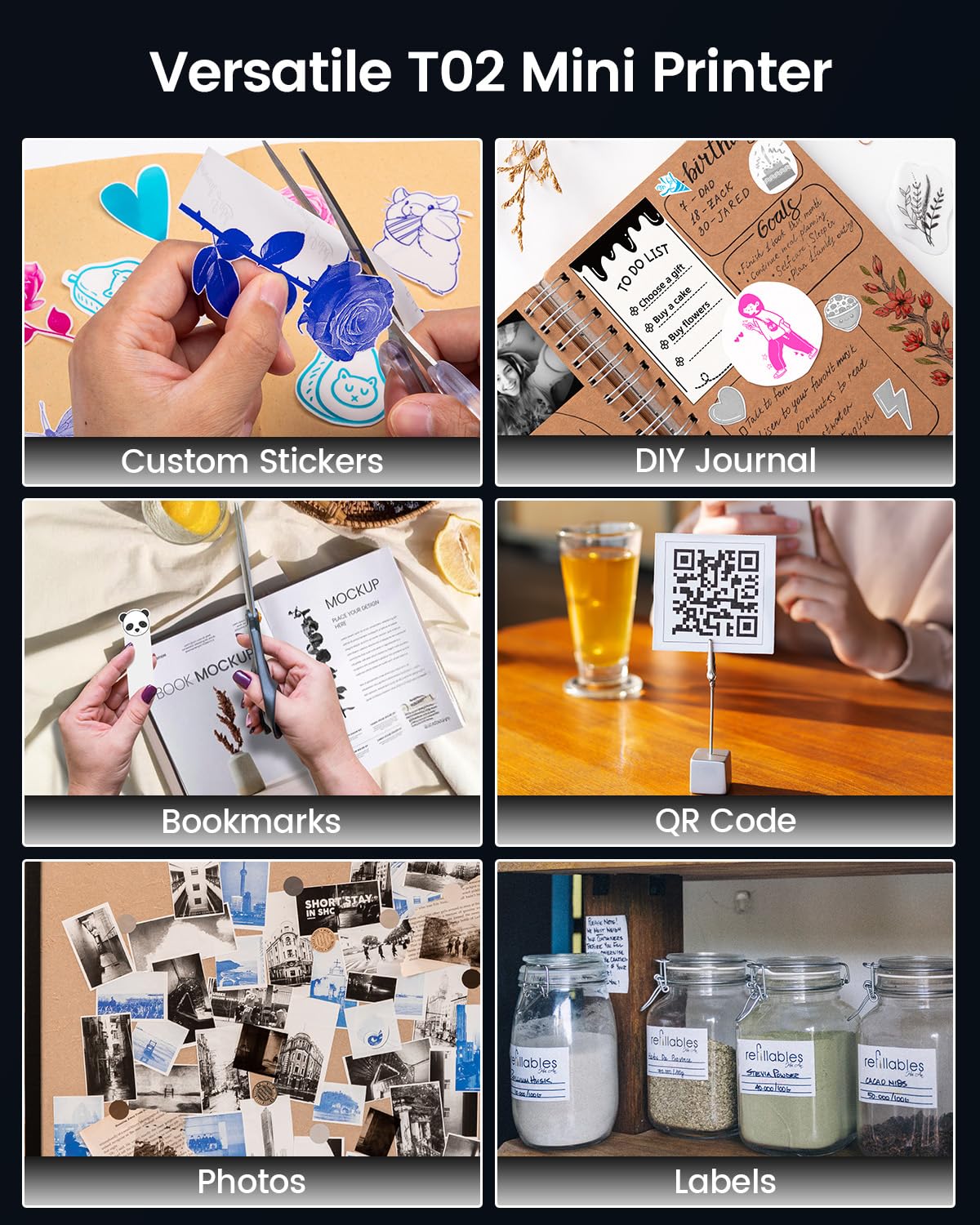Memoking Mini-Drucker - T02 Aufkleberdrucker, Druckkapsel, tragbarer thermischer tintenloser Aufkleberhersteller, Bluetooth-Taschen-Minifotodrucker, Sofortdruck, Smart AI APP, für Studentenstudiennotizen, Tagebuch, Heimwerker, Geschenk