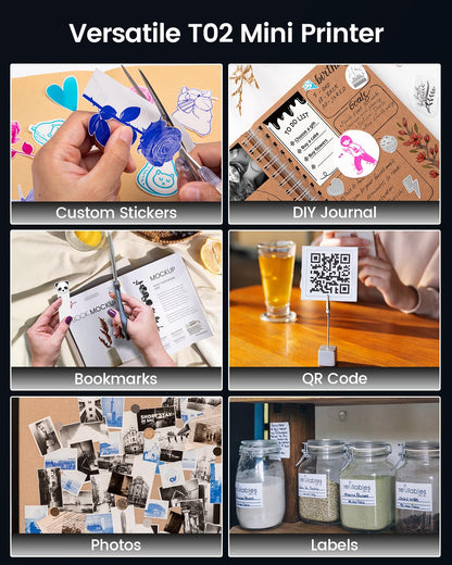 Memoking Mini-Drucker - T02 Aufkleberdrucker, Druckkapsel, tragbarer thermischer tintenloser Aufkleberhersteller, Bluetooth-Taschen-Minifotodrucker, Sofortdruck, Smart AI APP, für Studentenstudiennotizen, Tagebuch, Heimwerker, Geschenk