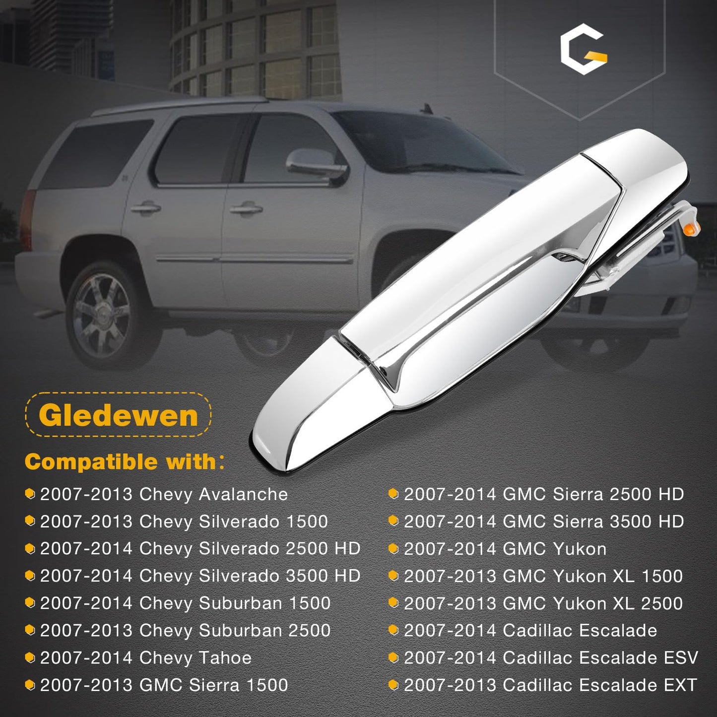 Außenliegender Chrom-Türgriff vorne links Fahrerseite | Ersatz für 2007-2013 Chevy Silverado Suburban Tahoe Avalanche GMC Sierra Yukon Cadillac Escalade | Ersetzt# 20828258, 22738721, 25960525