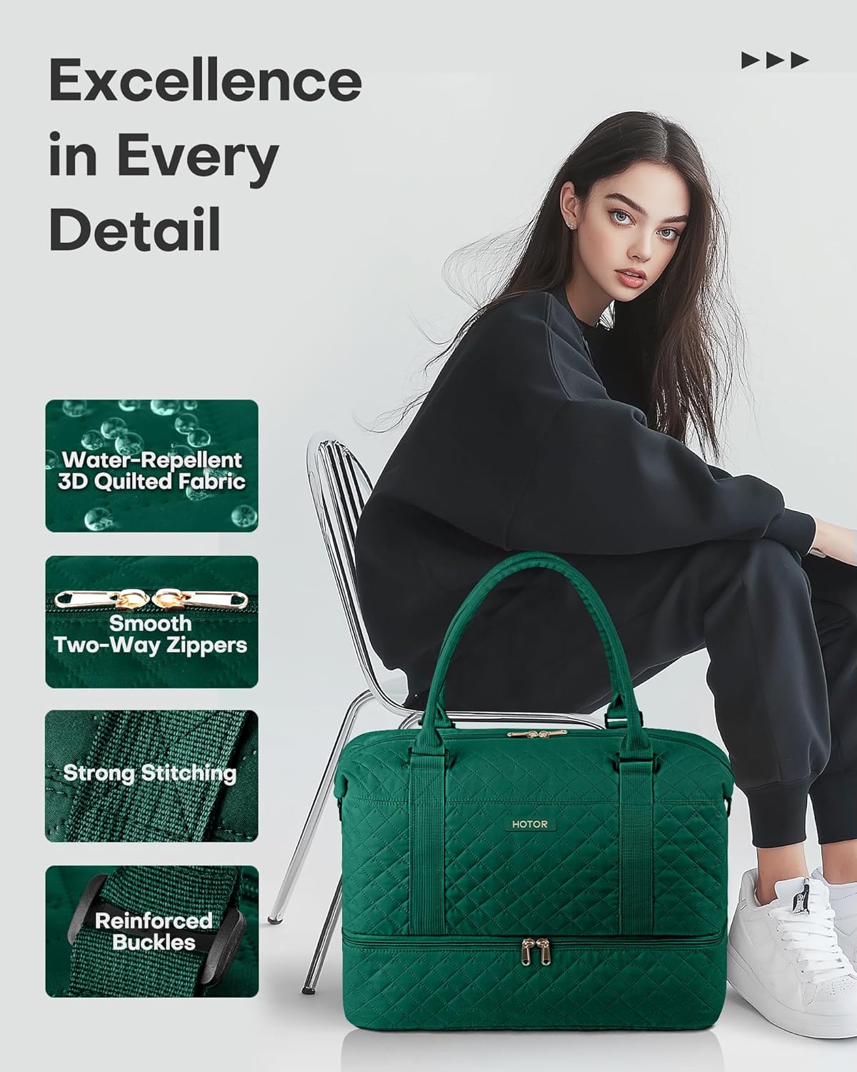 HOTOR Reisetasche - Große Weekender-Tasche für Frauen, Handgepäck mit Schuhfach, Übernachtungstasche mit Kulturtasche für Reiseutensilien und Reisezubehör, Schwarz, 34,0 x 45,0 x 20,0 cm