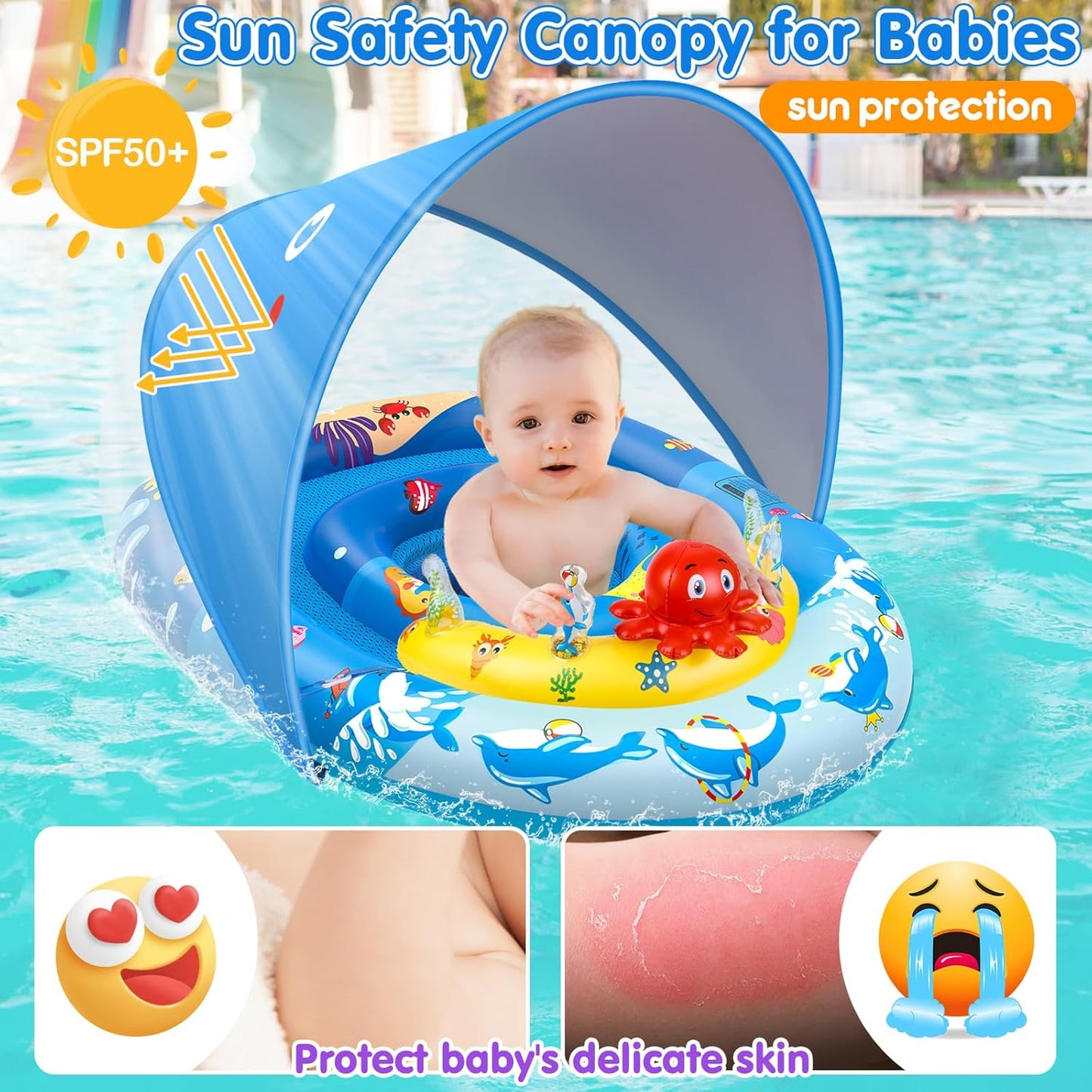 EZIGO Baby Pool Float with Canopy UPF50+ Sun Protection, Inflatable Kids Pool Floats with Ocean Animal Toys for Baby 6-36 Months, Infant Swimming Float with Adjustable Safety Seat for Boys Girls