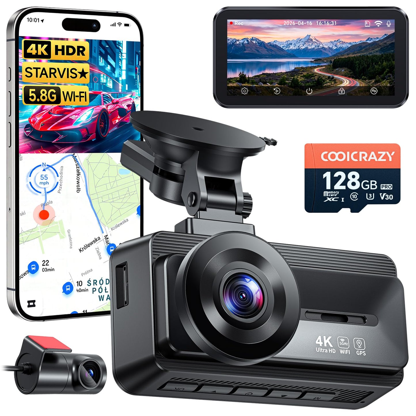 Coolcrazy 4K Dash Cam Front and Rear, STARVIS Sensor, Free 128GB Card Included, 5GHz WiFi-up to 20MB/s, Dual Dash Camera for Cars, Built-in GPS, G-Sensor, WDR/HDR Super Night Vision, 24H Parking Mode