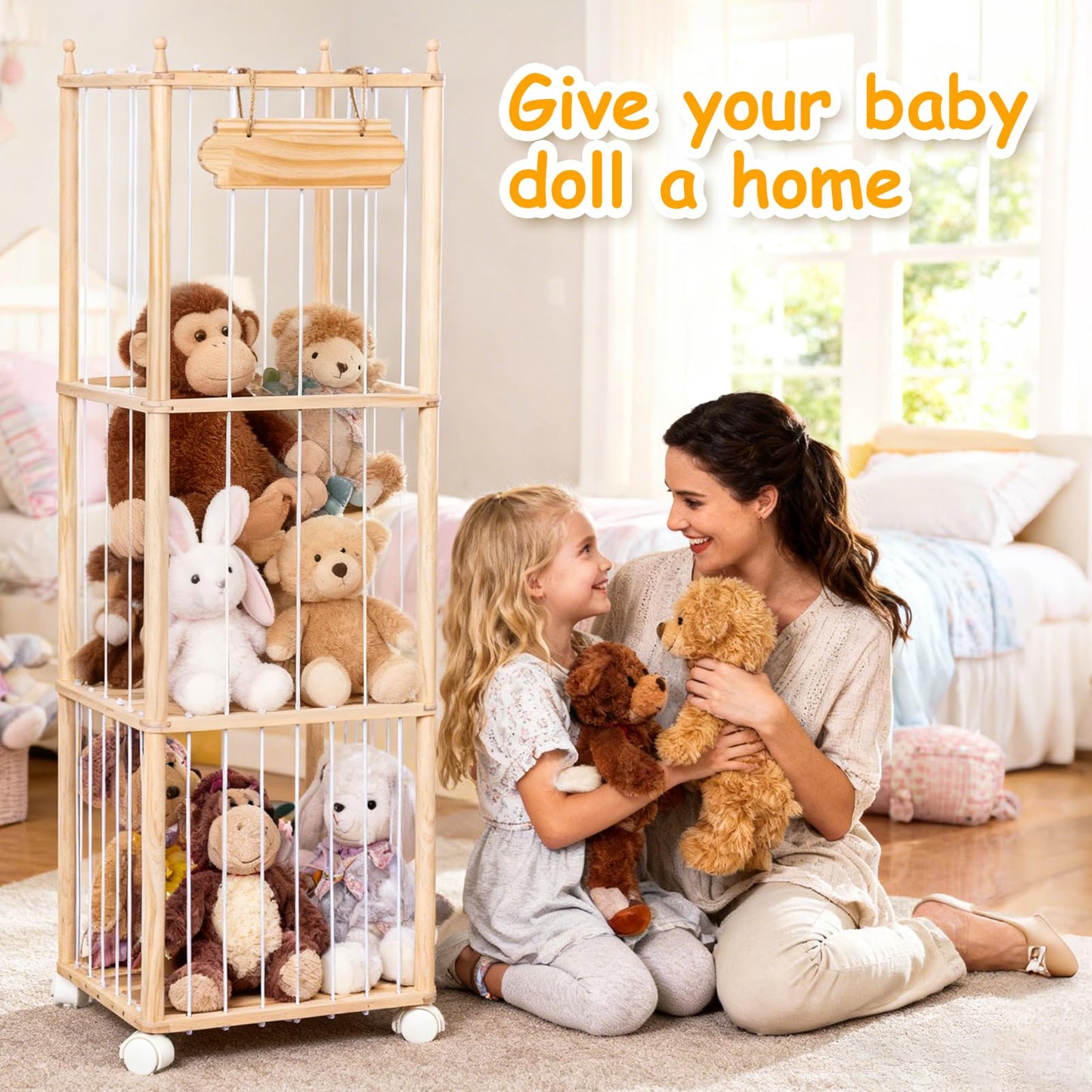 TANONE Stuffed Animal Storage - Wooden Large Organizer Holder for Playroom - Plush Zoo Animals Holder with Elastic Cords & Brake Wheel for Toddler Bedroom Toy Stuff Organization