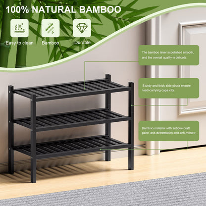 ROMGUAR CRAFT 3 Tier Bamboo Shoe Rack for Closet Free Standing Wood Shoe Shelf Storage Organizer for Entryway Small Space Stackable 27"x11"x20" (Natural)