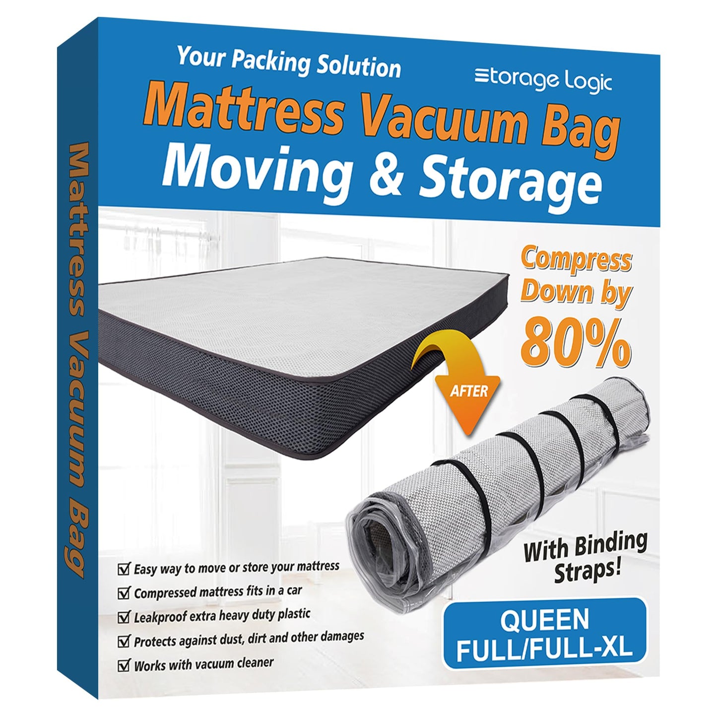 Storage Logic Foam Mattress Vacuum Bag with 4 Adjustable Packing Straps for Moving, Storage, Shipping, Vacuum Seal Mattress Bag with Packaging Straps (Queen/Full/Full-XL)
