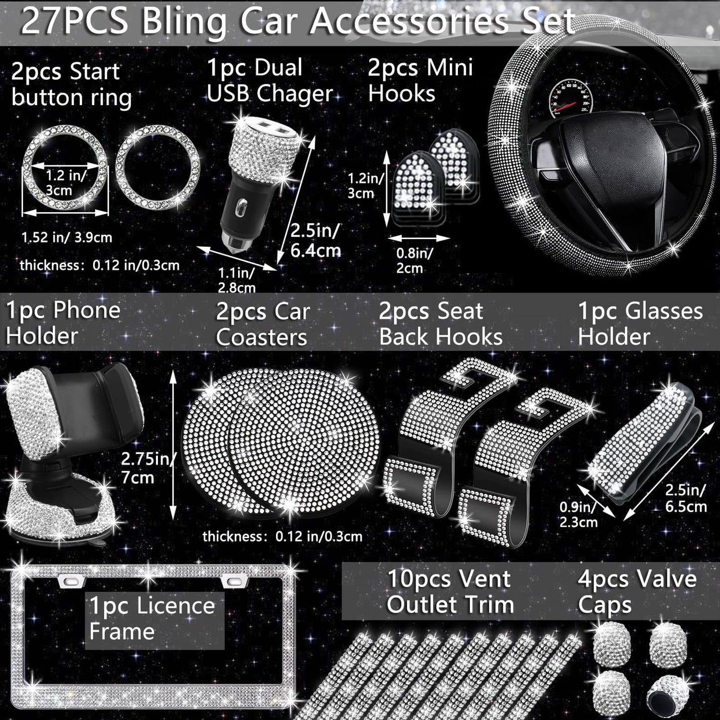 NBTEPEM 27-Piece Bling Car Accessories Set - Universal Fit Steering Wheel Covers, License Plate Frames, Phone Holder, Car Fast Charger, Coasters (Pink)