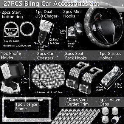 NBTEPEM 27-Piece Bling Car Accessories Set - Universal Fit Steering Wheel Covers, License Plate Frames, Phone Holder, Car Fast Charger, Coasters (Pink)