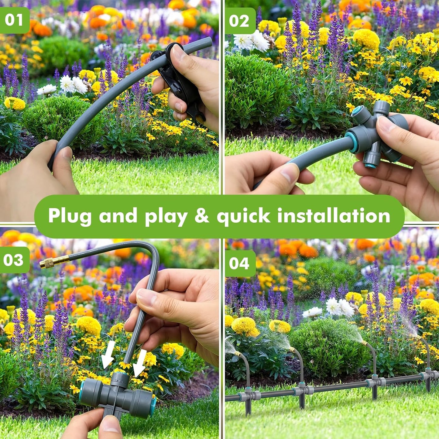 172FT Drip Irrigation System Kit with 2 Zone Water Timer,1/2" High-Flow Mainline Automatic Watering System,26PCS 360°Adjustable Nozzles,6-Way Fast-Plug Irrigation Kit for Agricultural Yard,Lawn