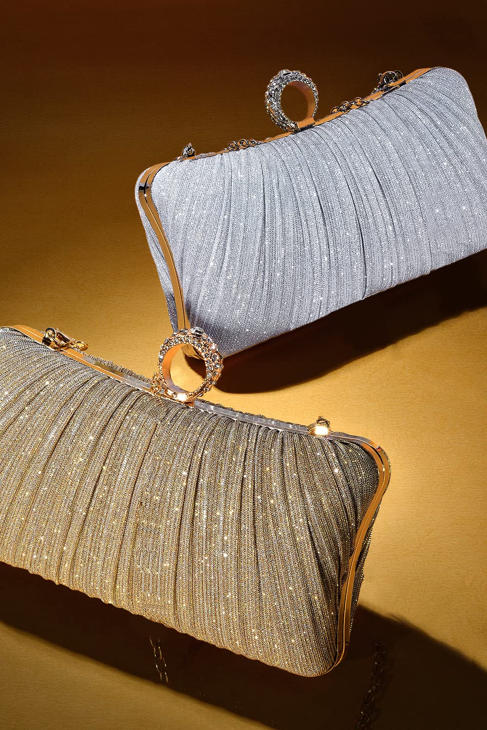 Damen Gold Glitzer Clutch Handtasche Plissierte Abendtasche für Braut Hochzeit Party mit Strassring
