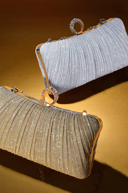 Damen Gold Glitzer Clutch Handtasche Plissierte Abendtasche für Braut Hochzeit Party mit Strassring