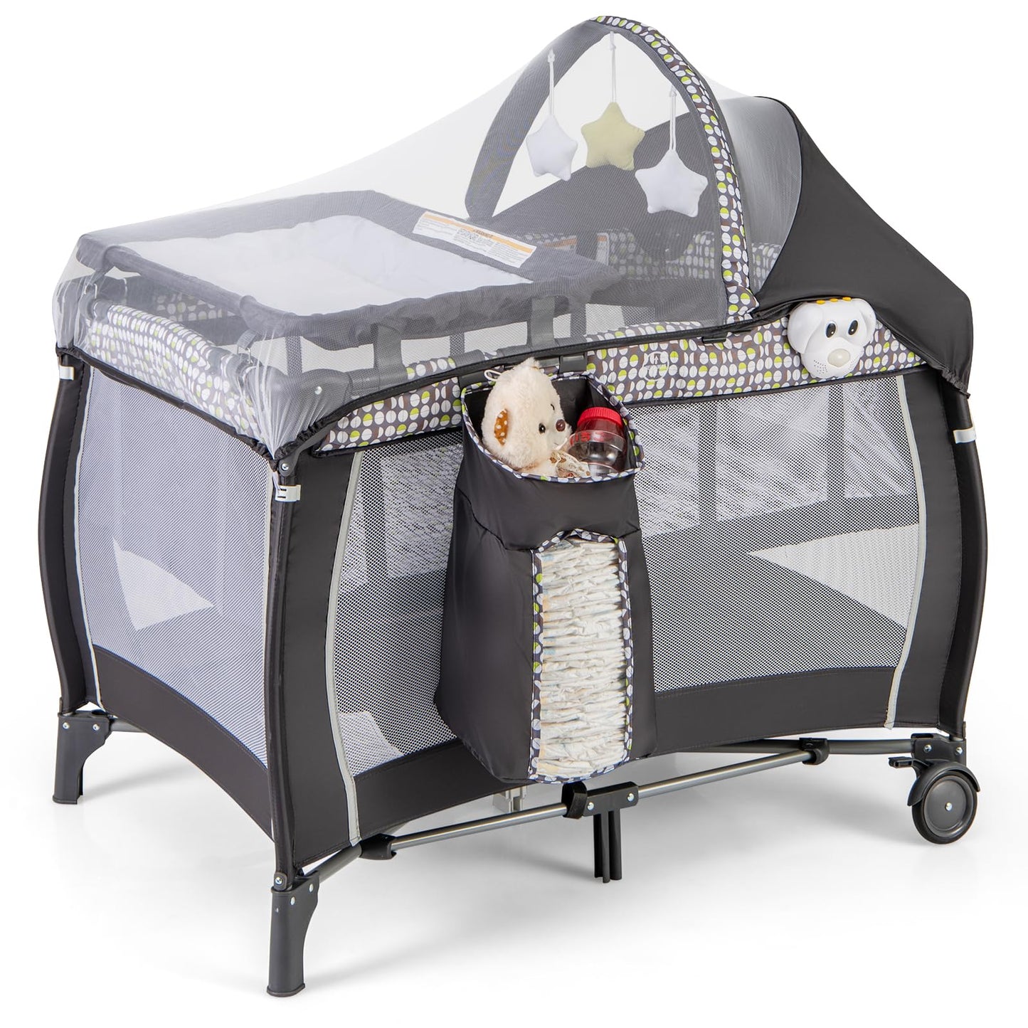 BABY JOY 4 in 1 Pack and Play with Canopy, Portable Baby Playard with Bassinet, Double-Layer Baby Crib, Wheels & Brake, Foldable Baby Girl Pink Bassinet from Newborn to Toddler