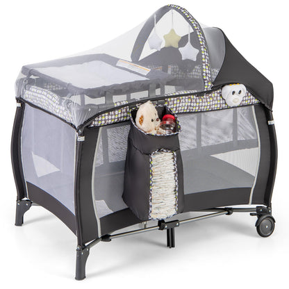 BABY JOY 4 in 1 Pack and Play with Canopy, Portable Baby Playard with Bassinet, Double-Layer Baby Crib, Wheels & Brake, Foldable Baby Girl Pink Bassinet from Newborn to Toddler