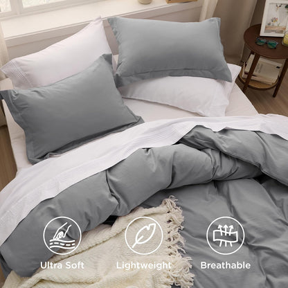 Funda nórdica blanca Bedsure, tamaño Queen, 3 piezas, aspecto de algodón prelavado, juego de cama extrasuave, incluye 1 funda nórdica de 228 x 228 cm con cierre de cremallera y 2 fundas de almohada, edredón no incluido
