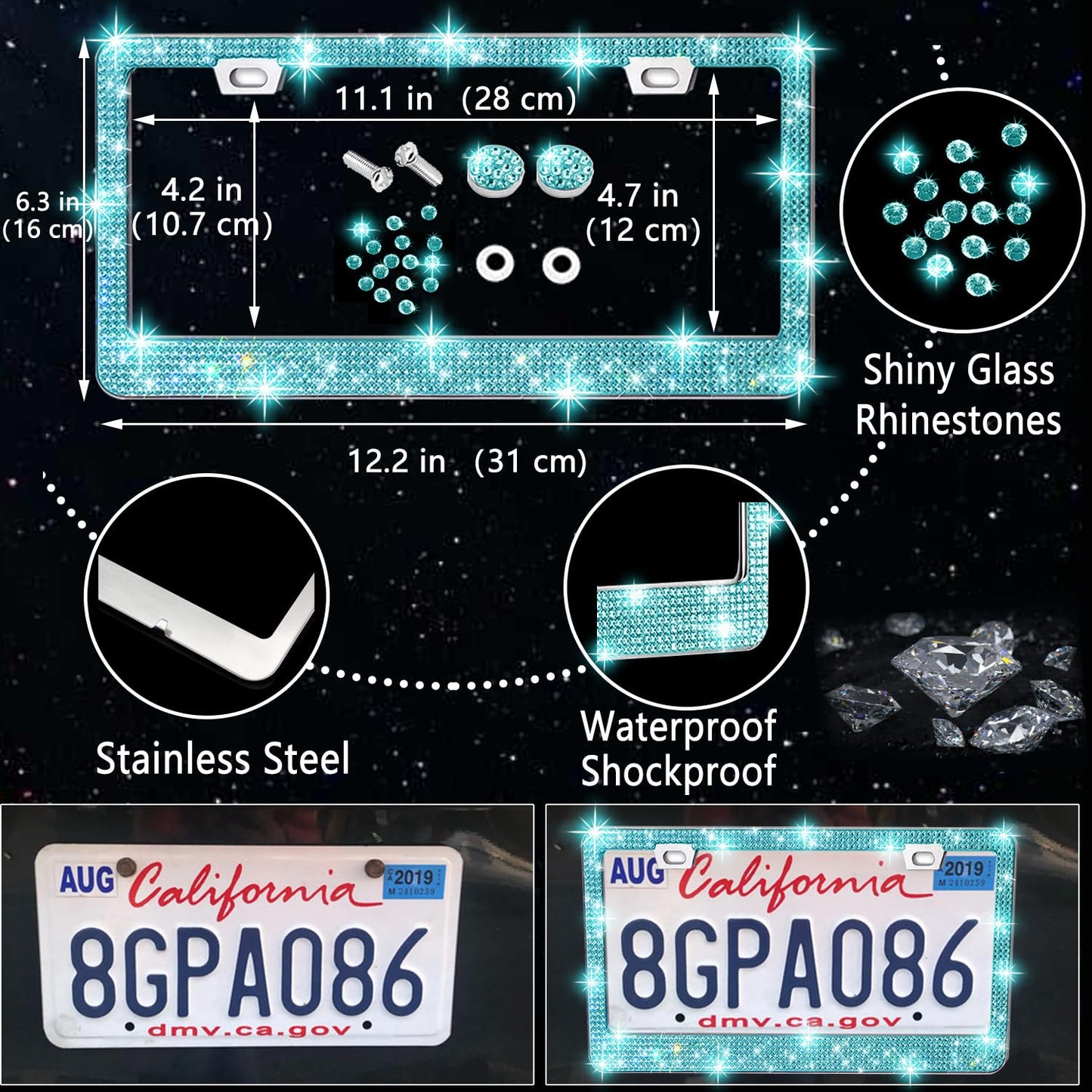 NBTEPEM 27-Piece Bling Car Accessories Set - Universal Fit Steering Wheel Covers, License Plate Frames, Phone Holder, Car Fast Charger, Coasters (Pink)