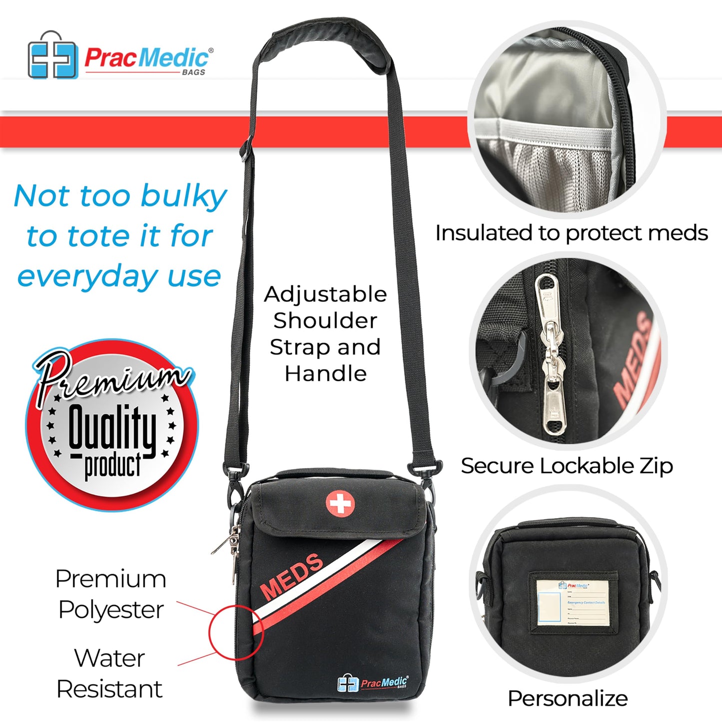PracMedic Bags Travel Medicine Bag- First Aid Bags Empty or Epipen Carry Case for Insulin Pens, Pill Bottles, Diabetic Supply, Asthma Inhaler Spacer, Allergy Meds or First Aid Supplies (Red)