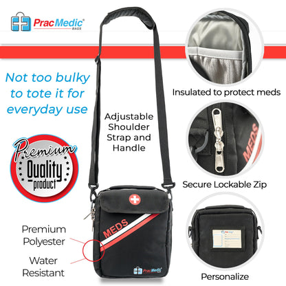 PracMedic Bags Travel Medicine Bag- First Aid Bags Empty or Epipen Carry Case for Insulin Pens, Pill Bottles, Diabetic Supply, Asthma Inhaler Spacer, Allergy Meds or First Aid Supplies (Red)
