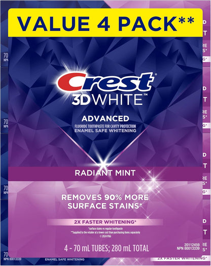 Crest 3D White Advanced Teeth Whitening Toothpaste, Radiant Mint, 4 Count (Pack of 1), 280 mL Total (70 mL each)