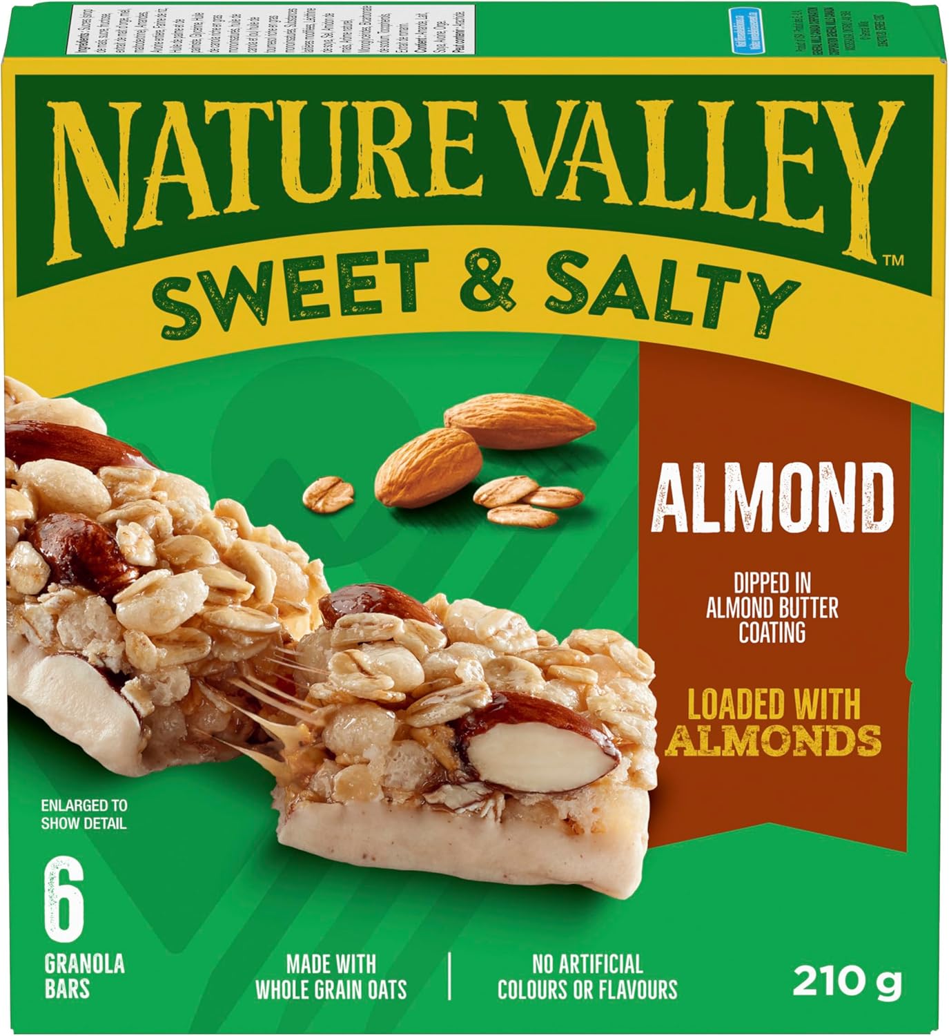 NATURE VALLEY Almond Sweet and Salty Granola Bars, No Artificial Flavours, No Artificial Colours, Made with Whole Grain Oats, Pack of 6 Bars, Loaded with Almonds, Dipped in Almond Butter Coating
