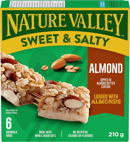 NATURE VALLEY Almond Sweet and Salty Granola Bars, No Artificial Flavours, No Artificial Colours, Made with Whole Grain Oats, Pack of 6 Bars, Loaded with Almonds, Dipped in Almond Butter Coating