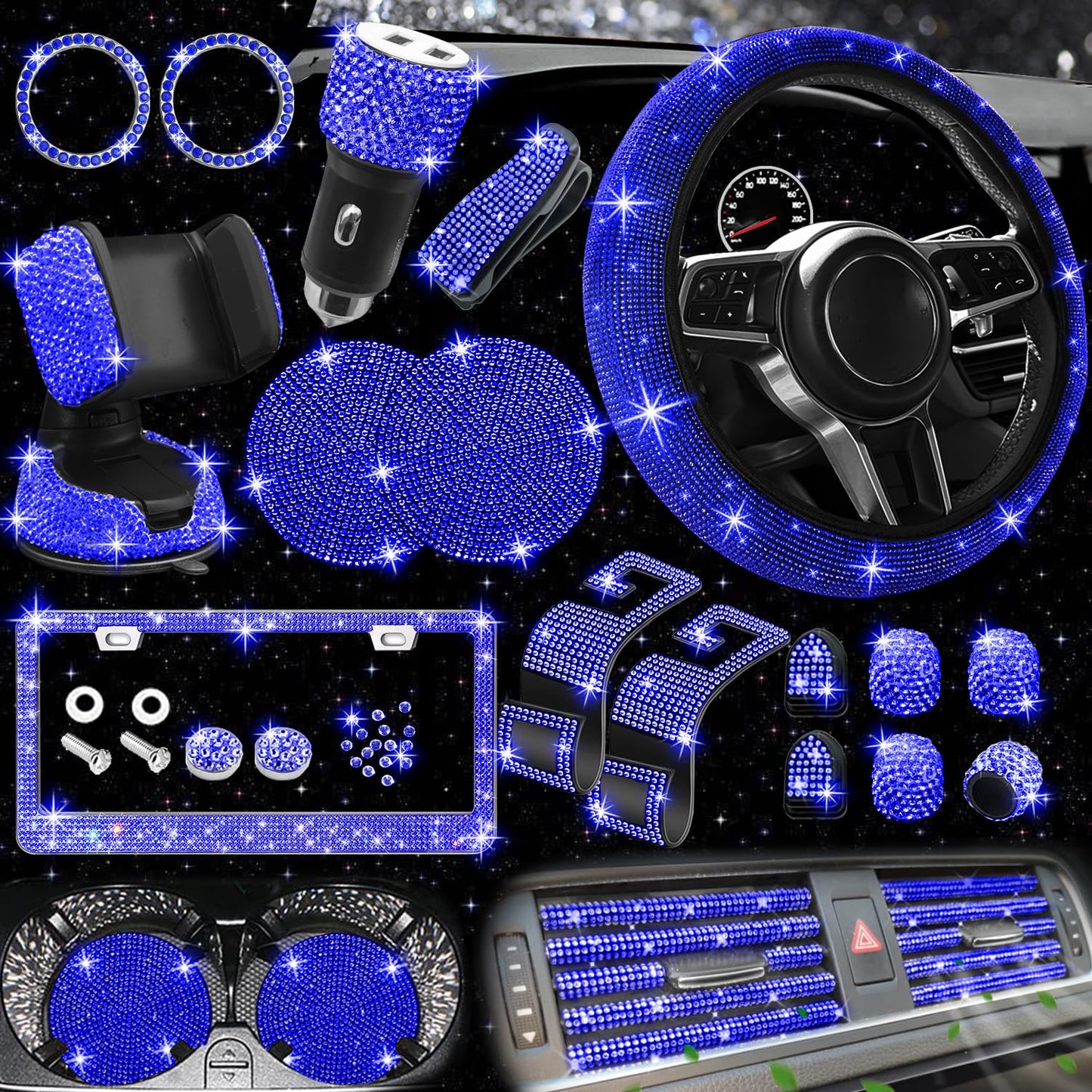 NBTEPEM 27-Piece Bling Car Accessories Set - Universal Fit Steering Wheel Covers, License Plate Frames, Phone Holder, Car Fast Charger, Coasters (Pink)